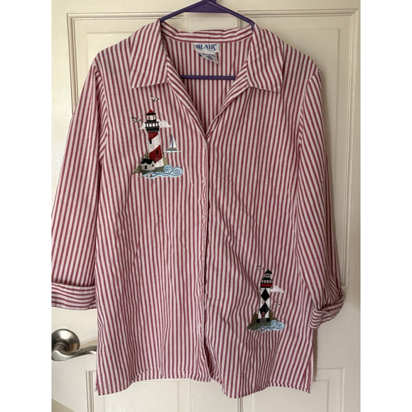 LIGHTHOUSE Tops - Vintage Coastal Grandma Embroidered Lighthouse Button Up Shirt Nautical Stripes